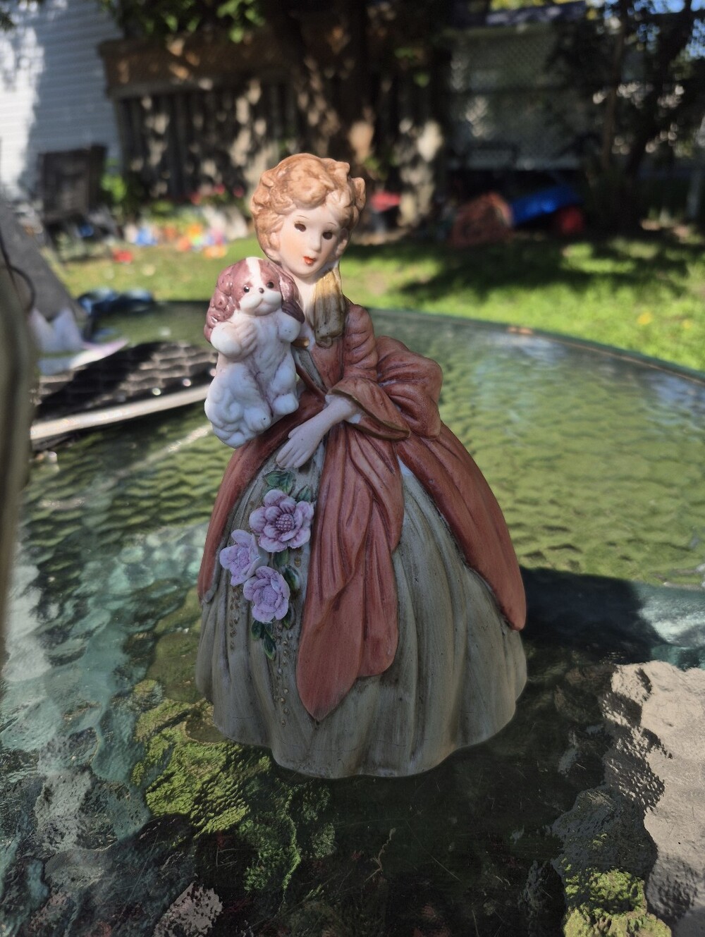 Hand-Painted Ceramic Lady Figurine in Peach and Olive with Floral Detail